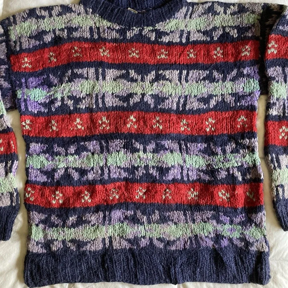 Vtg 100% Wool Ecuadorian Chunky HandKnit Sweater Mens L Fair Isle Rustic Cabin